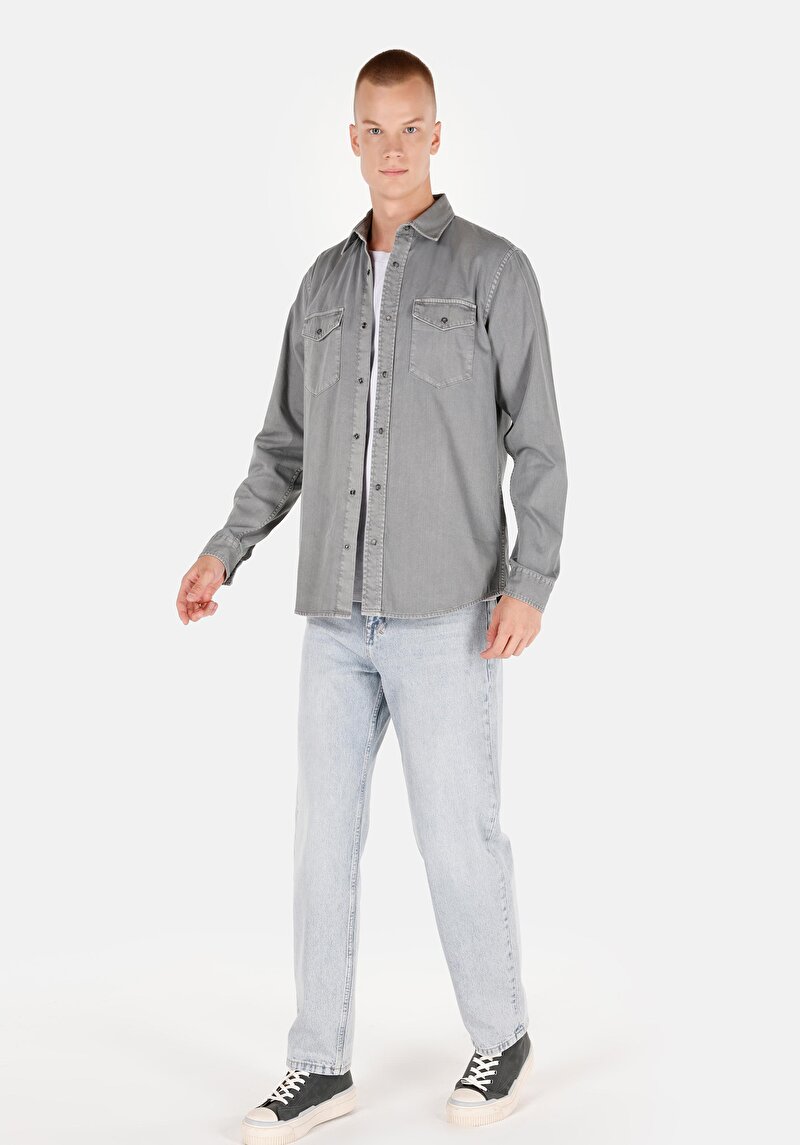 Imagine a Regular Fit Classic Collar Drept Cămașă Gri Cu Mânecă Lungă Pentru Bărbați