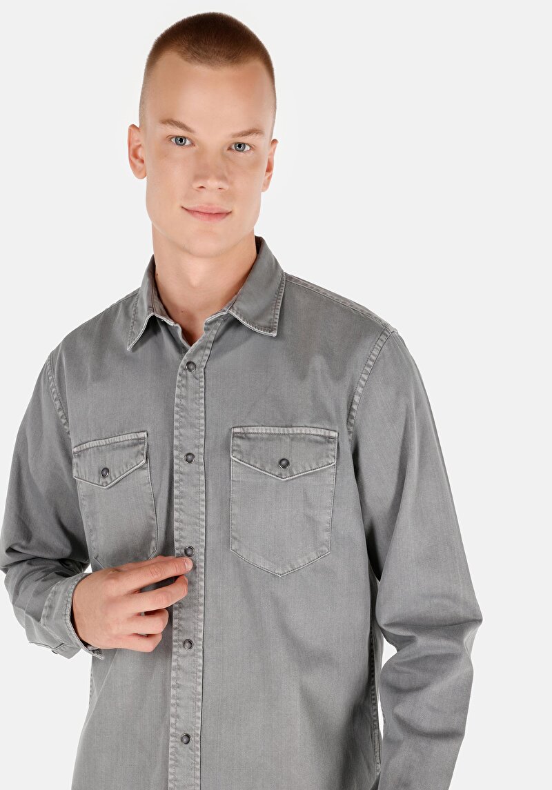 Imagine a Regular Fit Classic Collar Drept Cămașă Gri Cu Mânecă Lungă Pentru Bărbați