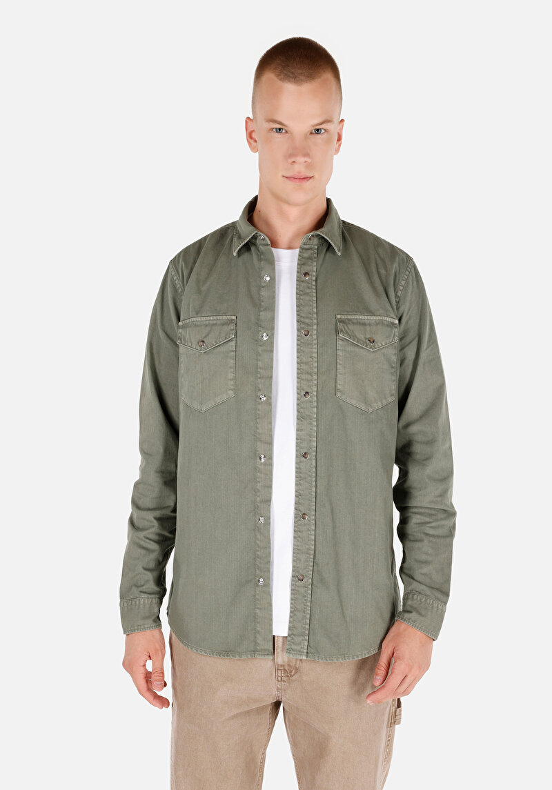 Imagine a Regular Fit Classic Collar Drept Cămașă Cu Mânecă Lungă Verde Pentru Bărbați