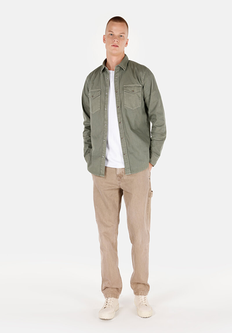 Afișați detalii pentru Regular Fit Classic Collar Drept Cămașă Cu Mânecă Lungă Verde Pentru Bărbați