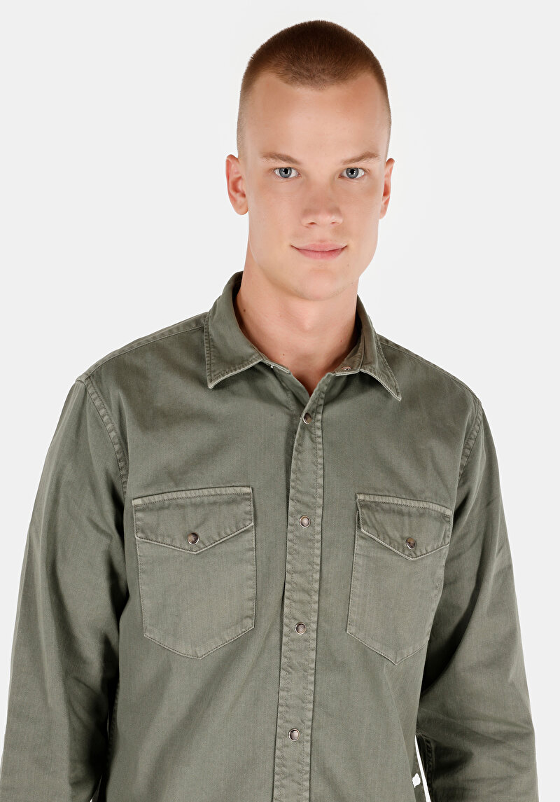 Afișați detalii pentru Regular Fit Classic Collar Drept Cămașă Cu Mânecă Lungă Verde Pentru Bărbați