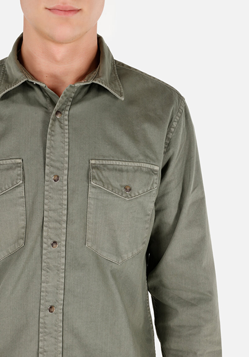 Afișați detalii pentru Regular Fit Classic Collar Drept Cămașă Cu Mânecă Lungă Verde Pentru Bărbați