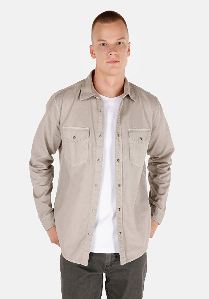 Imagine a Regular Fit Classic Collar Drept Cămașă Cu Mânecă Lungă Stone Pentru Bărbați