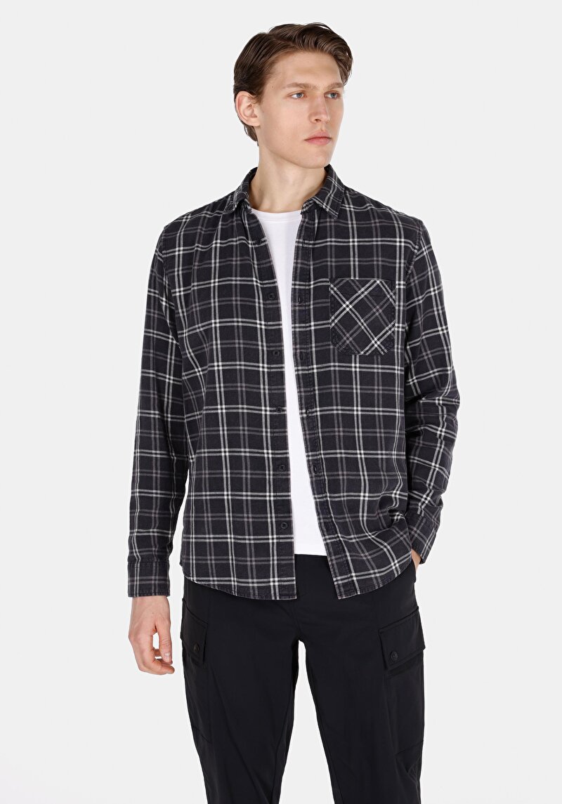 Imagine a Cămașă Cu Gât În Carouri Cămașă Neagră Cu Mânecă Lungă Pentru Bărbați