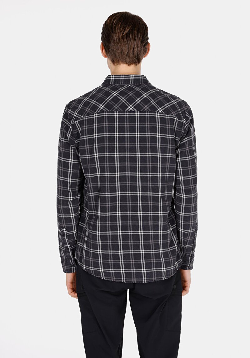 Afișați detalii pentru Cămașă Cu Gât În Carouri Cămașă Neagră Cu Mânecă Lungă Pentru Bărbați