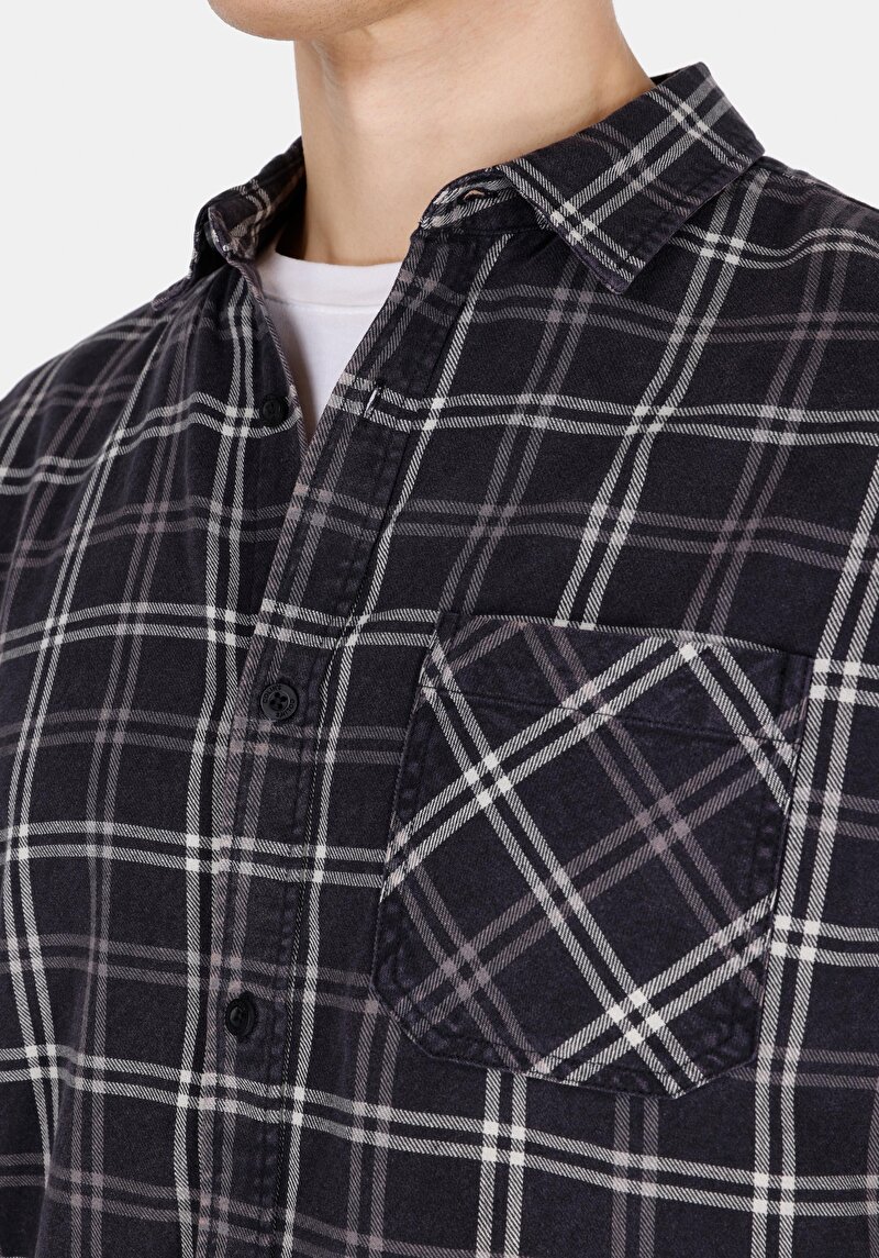 Afișați detalii pentru Cămașă Cu Gât În Carouri Cămașă Neagră Cu Mânecă Lungă Pentru Bărbați