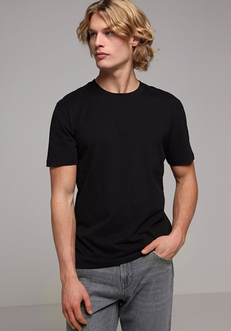 Imagine a Regular Fit Round Neck Drept Bărbați Negru Tricou Cu Mânecă Scurtă