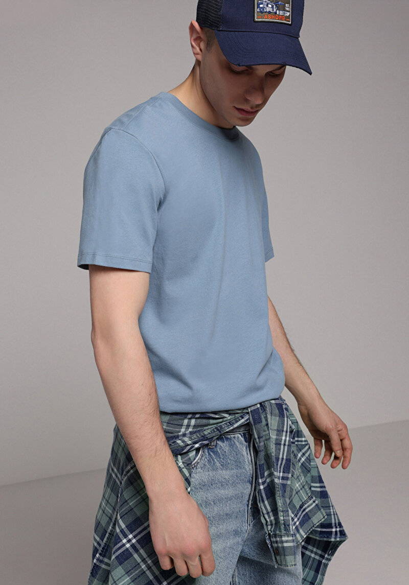 Imagine a Regular Fit Round Neck Drept Bărbați Albastru Tricou Cu Mânecă Scurtă