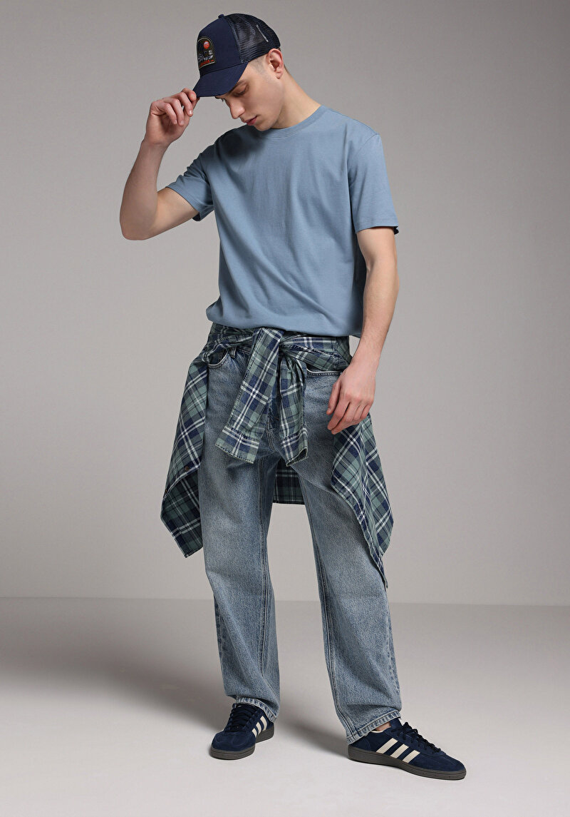 Imagine a Regular Fit Round Neck Drept Bărbați Albastru Tricou Cu Mânecă Scurtă