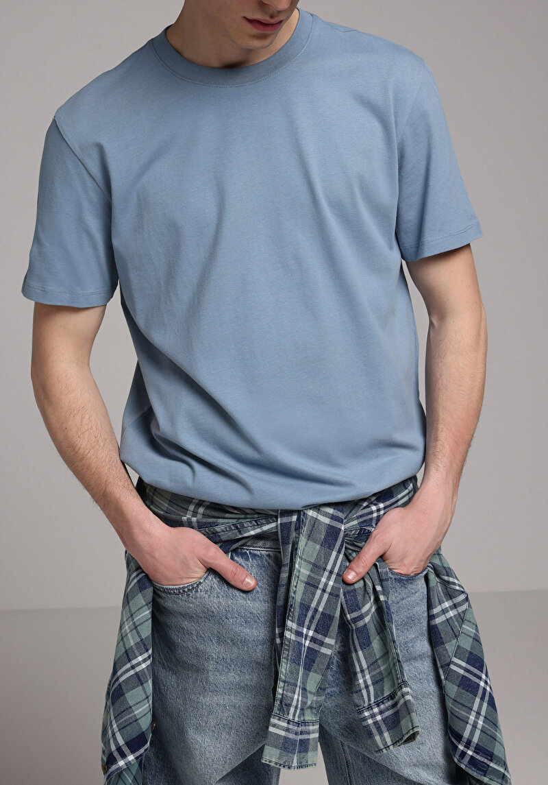 Imagine a Regular Fit Round Neck Drept Bărbați Albastru Tricou Cu Mânecă Scurtă