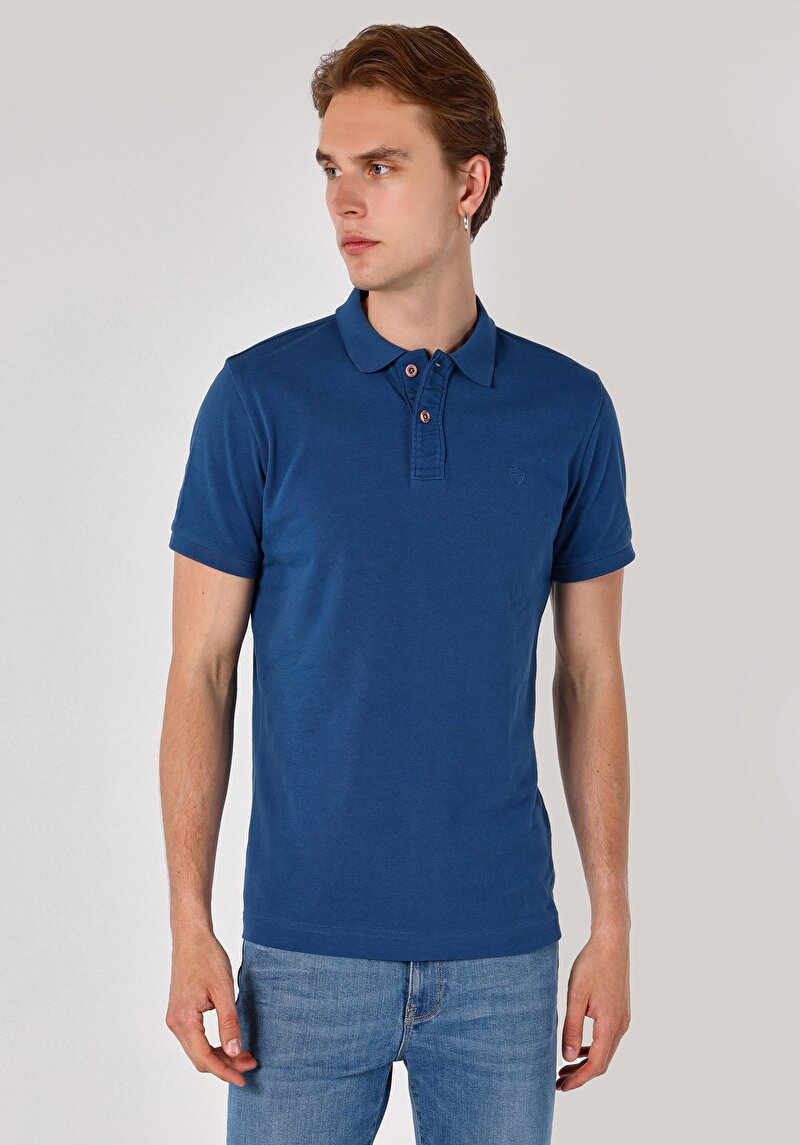 Imagine a Slim Fit Polo Collar Drept Bărbați Albastru Manșon Scurt Tricou