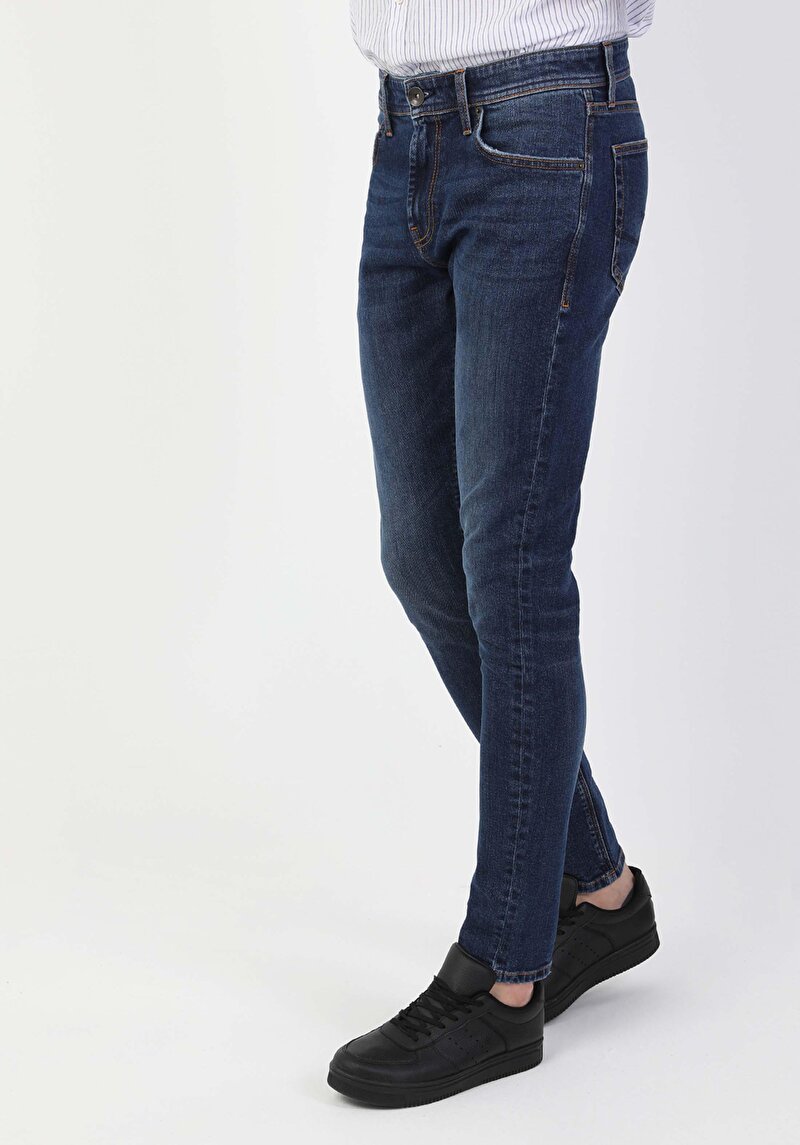 Imagine a Slim Fit Talie Joasă Picior Îngust Blugi İndigo Pentru Bărbați