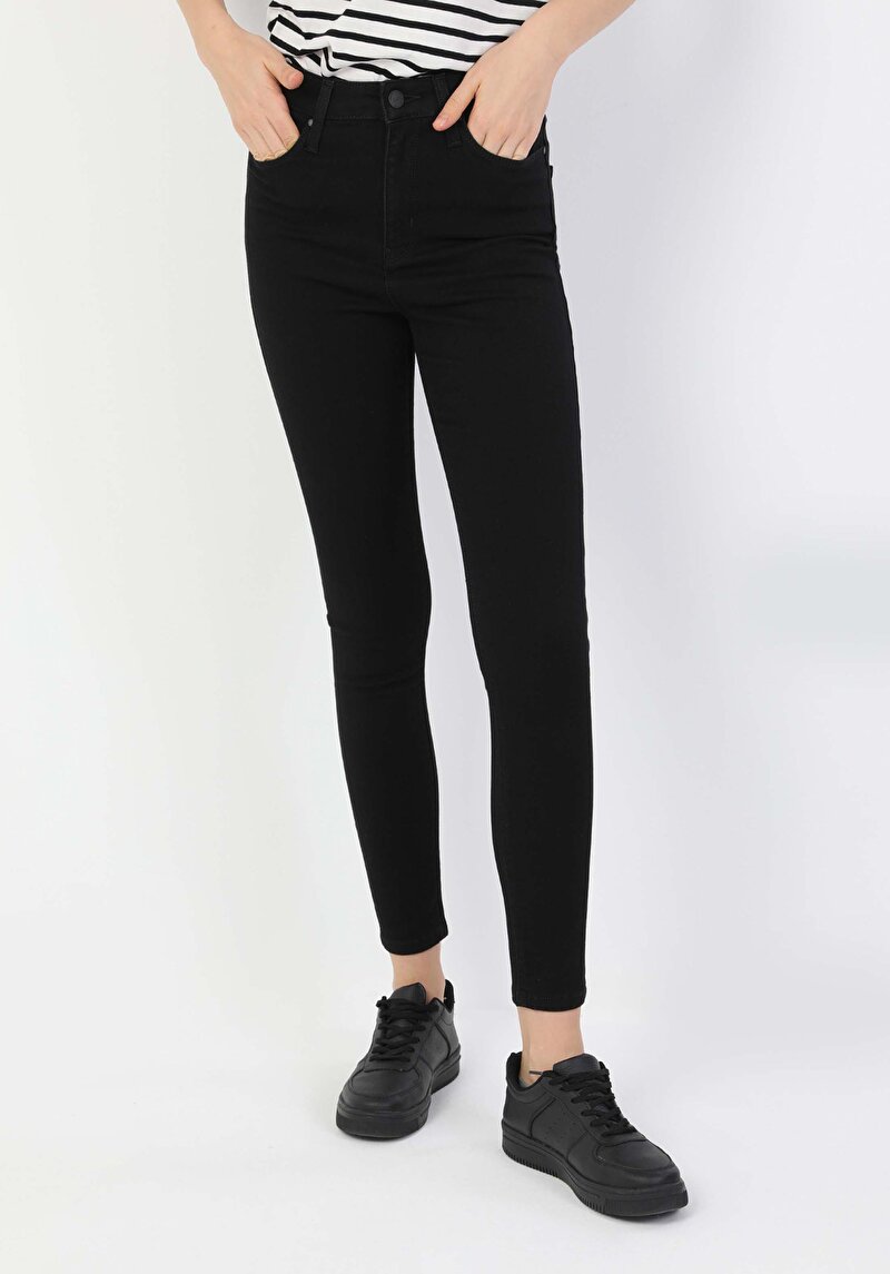 Afișați detalii pentru Super Slim Fit Talie Talie Picior Îngust Blugi Negri Pentru Femei