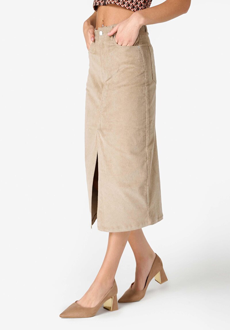 Afișați detalii pentru Fusta Midi Dreapta Cu Fermoar Fusta Bej Pentru Femei