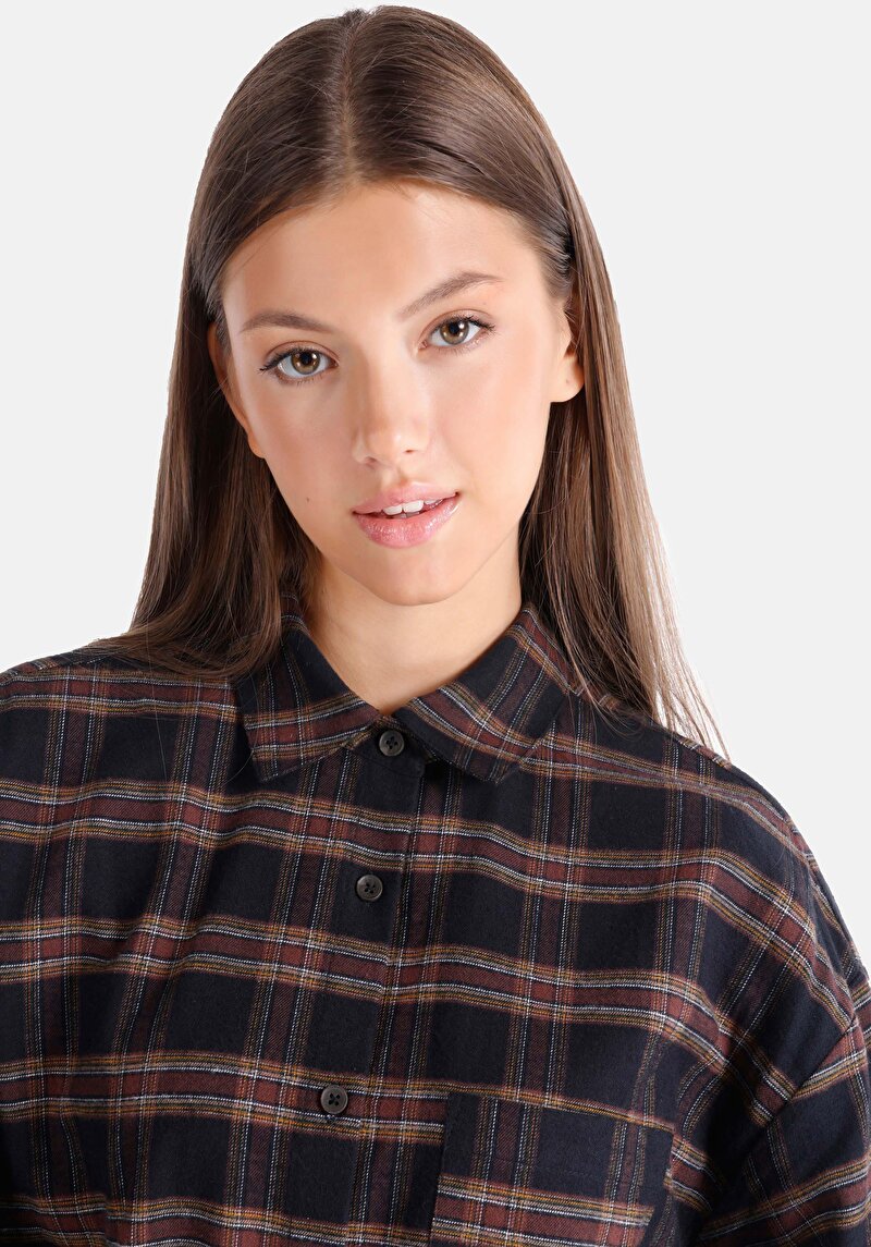 Afișați detalii pentru Regular Fit Cămașă Gât În Carouri Cămașă Neagră Cu Mânecă Lungă Pentru Femei