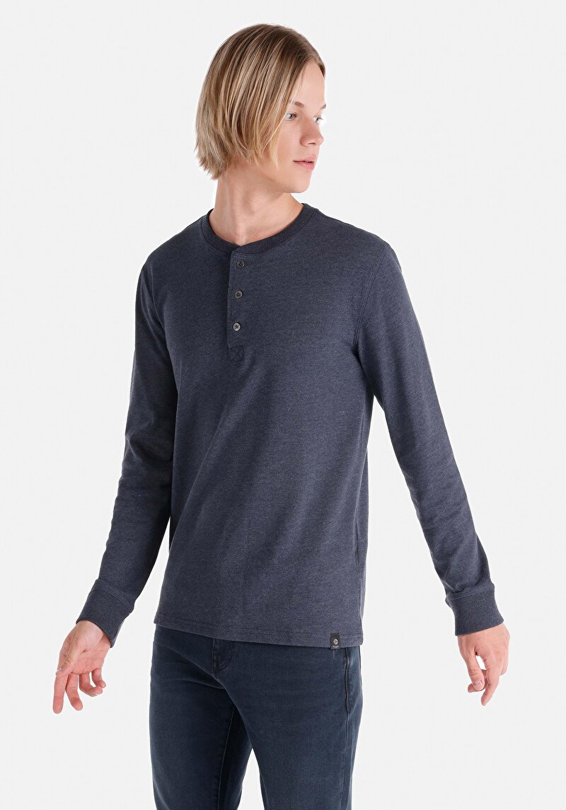 Imagine a Slim Fit Nasturi Guler Drept Bărbați Bleumarin Tricou Cu Manșon Lung