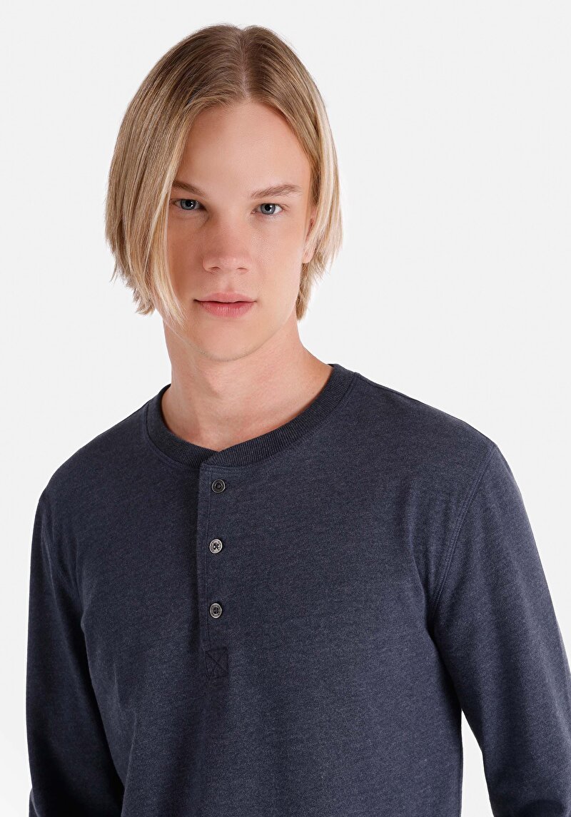 Afișați detalii pentru Slim Fit Nasturi Guler Drept Bărbați Bleumarin Tricou Cu Manșon Lung