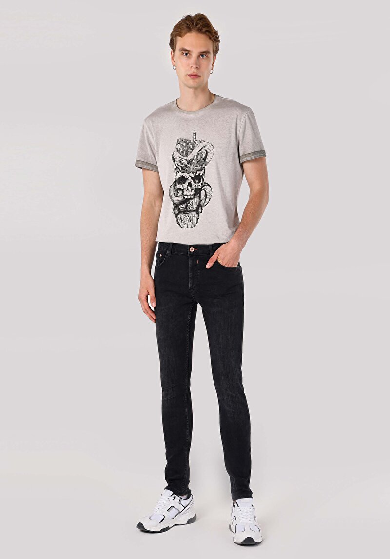 Imagine a Skinny Fit Talie Joasă Picior Îngust Blugi Negri Pentru Bărbați