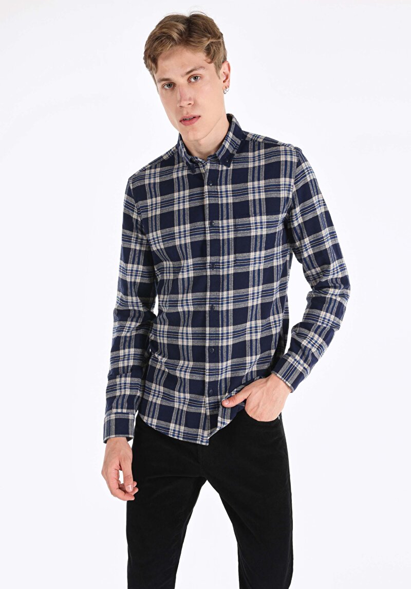 Imagine a Cămașă Slim Fit Gât În Carouri Cămașă Cu Mânecă Lungă Bleumarin Pentru Bărbați