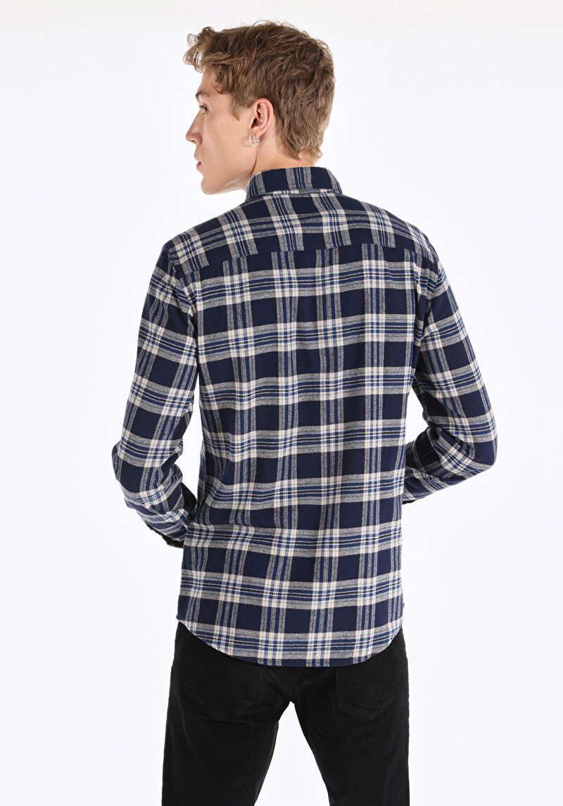 Imagine a Cămașă Slim Fit Gât În Carouri Cămașă Cu Mânecă Lungă Bleumarin Pentru Bărbați