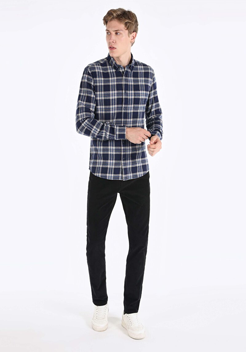 Afișați detalii pentru Cămașă Slim Fit Gât În Carouri Cămașă Cu Mânecă Lungă Bleumarin Pentru Bărbați