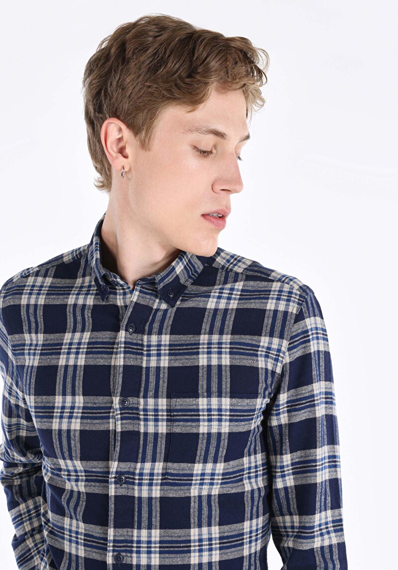 Afișați detalii pentru Cămașă Slim Fit Gât În Carouri Cămașă Cu Mânecă Lungă Bleumarin Pentru Bărbați