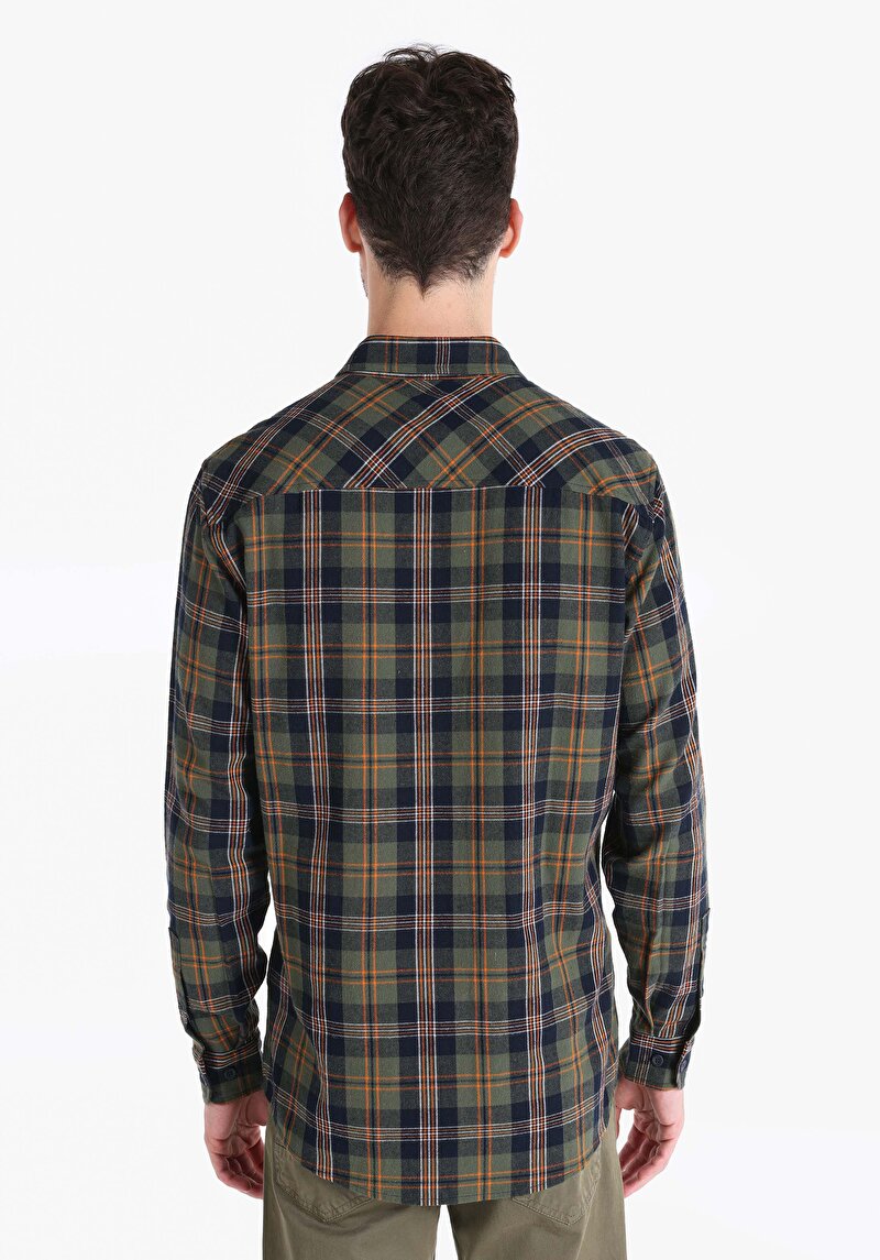 Afișați detalii pentru Regular Fit Cămașă Gât În Carouri Cămașă Verde Cu Mânecă Lungă Pentru Bărbați