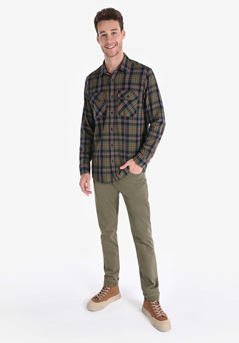 Afișați detalii pentru Regular Fit Cămașă Gât În Carouri Cămașă Verde Cu Mânecă Lungă Pentru Bărbați