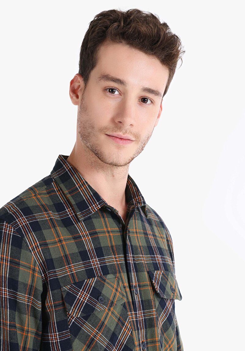 Afișați detalii pentru Regular Fit Cămașă Gât În Carouri Cămașă Verde Cu Mânecă Lungă Pentru Bărbați