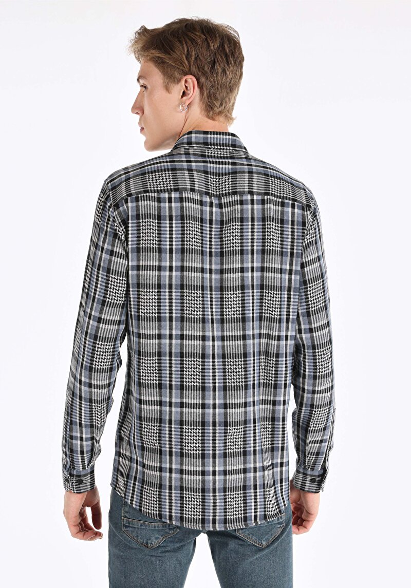 Imagine a Cămașă Cu Gât În Carouri Cămașă Albastră Cu Mânecă Lungă Pentru Bărbați