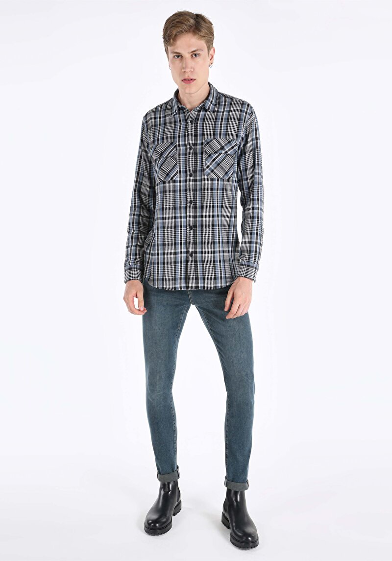 Imagine a Cămașă Cu Gât În Carouri Cămașă Albastră Cu Mânecă Lungă Pentru Bărbați