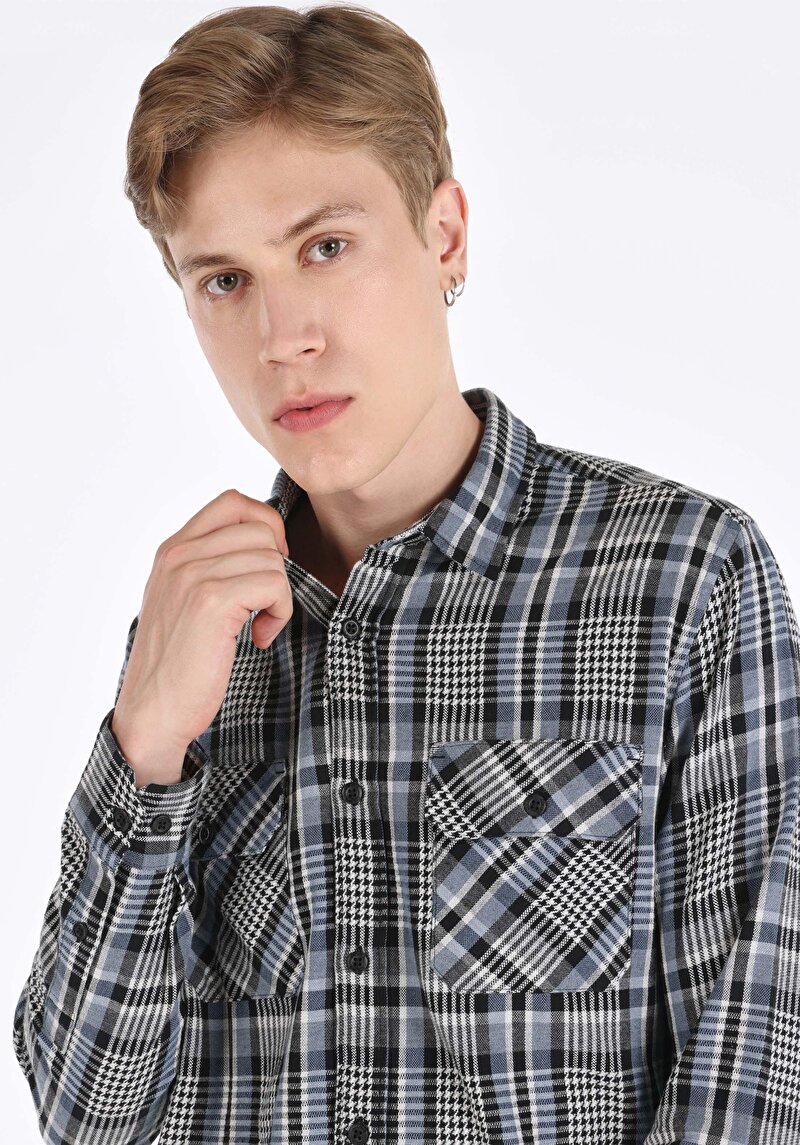 Afișați detalii pentru Cămașă Cu Gât În Carouri Cămașă Albastră Cu Mânecă Lungă Pentru Bărbați