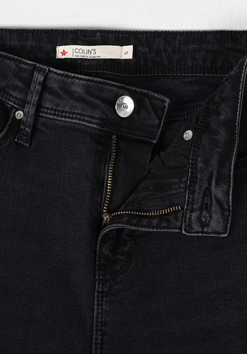 Afișați detalii pentru Slim Fit Mid Waist Straight Leg Blugi Negri Pentru Femei