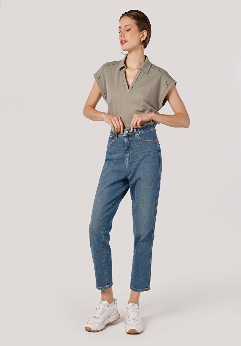 Afișați detalii pentru Mom Fit Rising Waist Shrinking Leg Blugi İndigo Pentru Femei