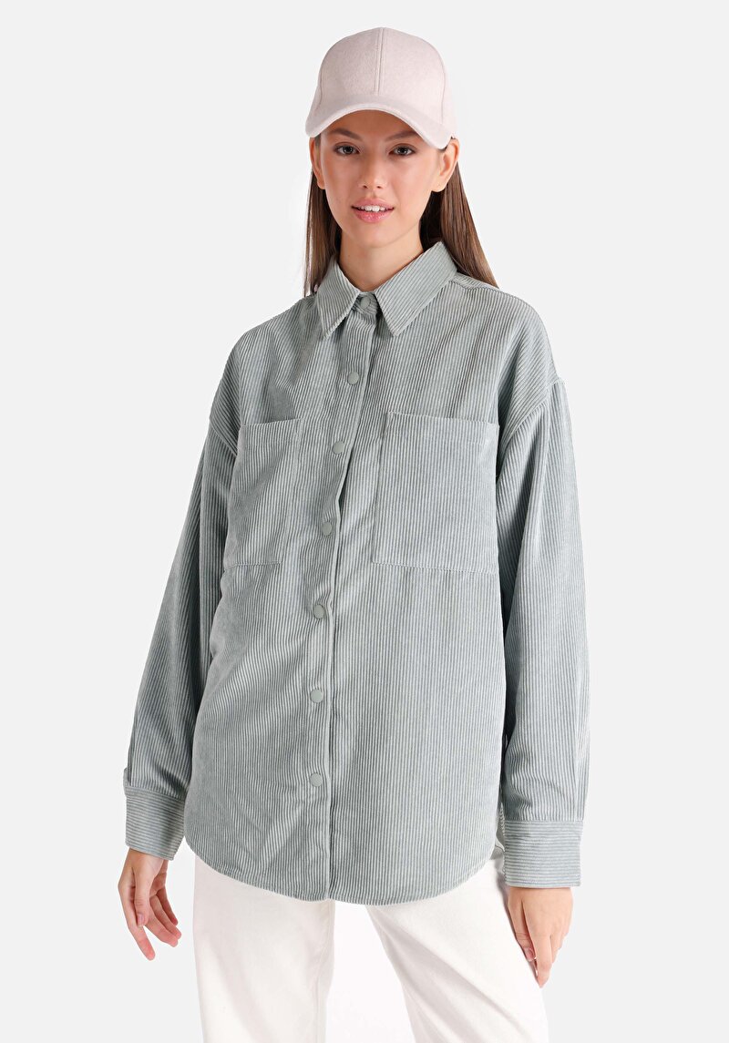 Imagine a Cămașă Cu Croială Relaxată Cămașă Dreaptă Pentru Femei Verde Cu Mânecă Lungă