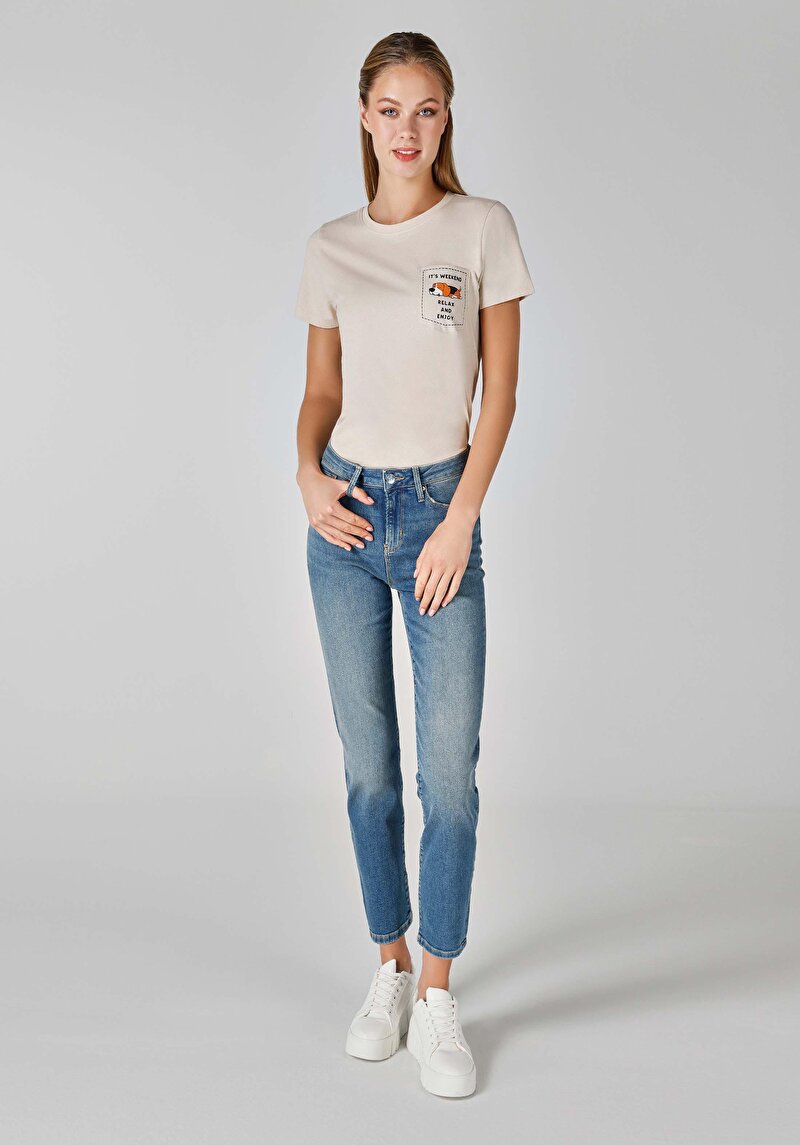 Imagine a Slim Fit Mid Waist Straight Leg Blugi İndigo Pentru Femei