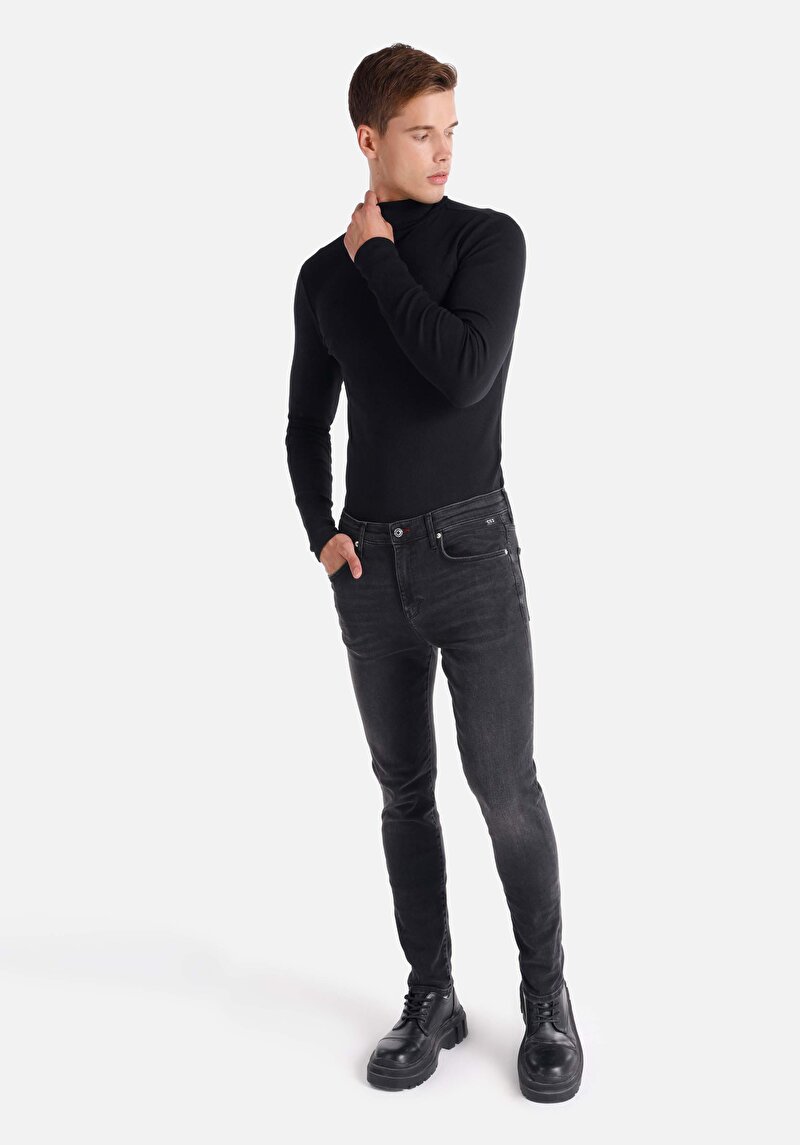 Imagine a Skinny Fit Talie Talie Picior Îngust Blugi Negri Pentru Bărbați