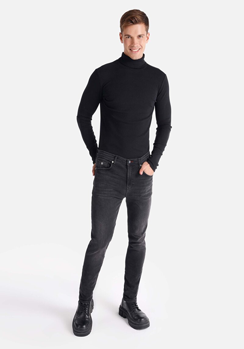 Imagine a Skinny Fit Talie Talie Picior Îngust Blugi Negri Pentru Bărbați