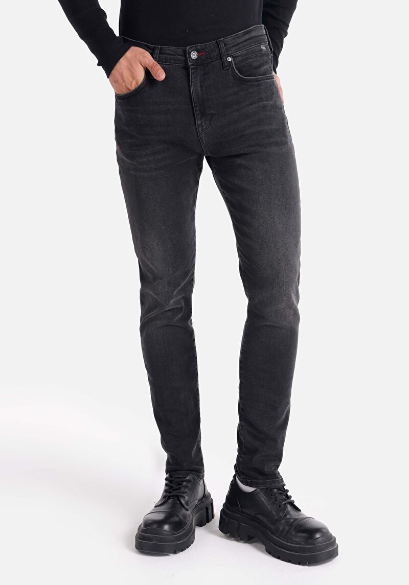 Imagine a Skinny Fit Talie Talie Picior Îngust Blugi Negri Pentru Bărbați