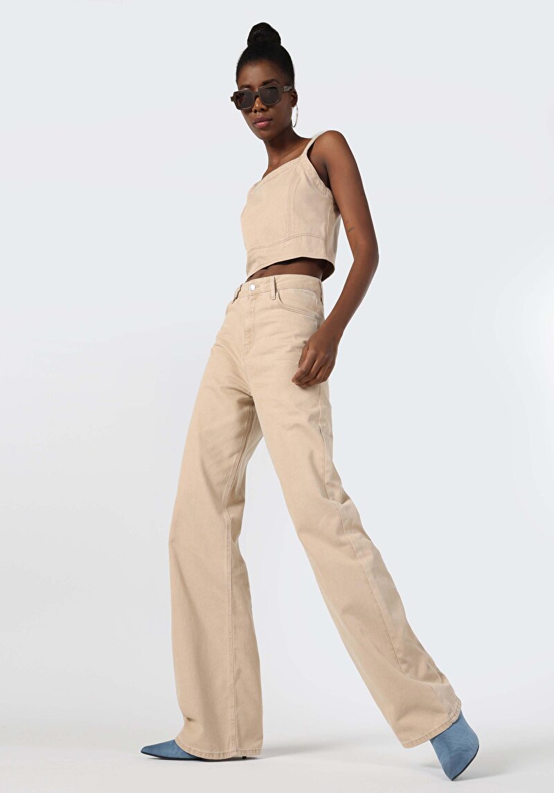 Imagine a Regular Fit Talie Înaltă Picior Larg Blugi Maro Deschis Pentru Femei