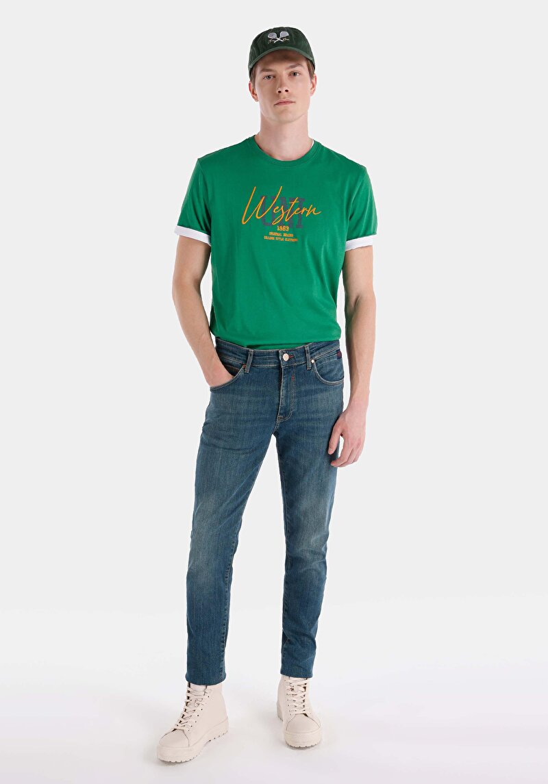 Imagine a Slim Fit Talie Joasă Picior Îngust Blugi İndigo Pentru Bărbați