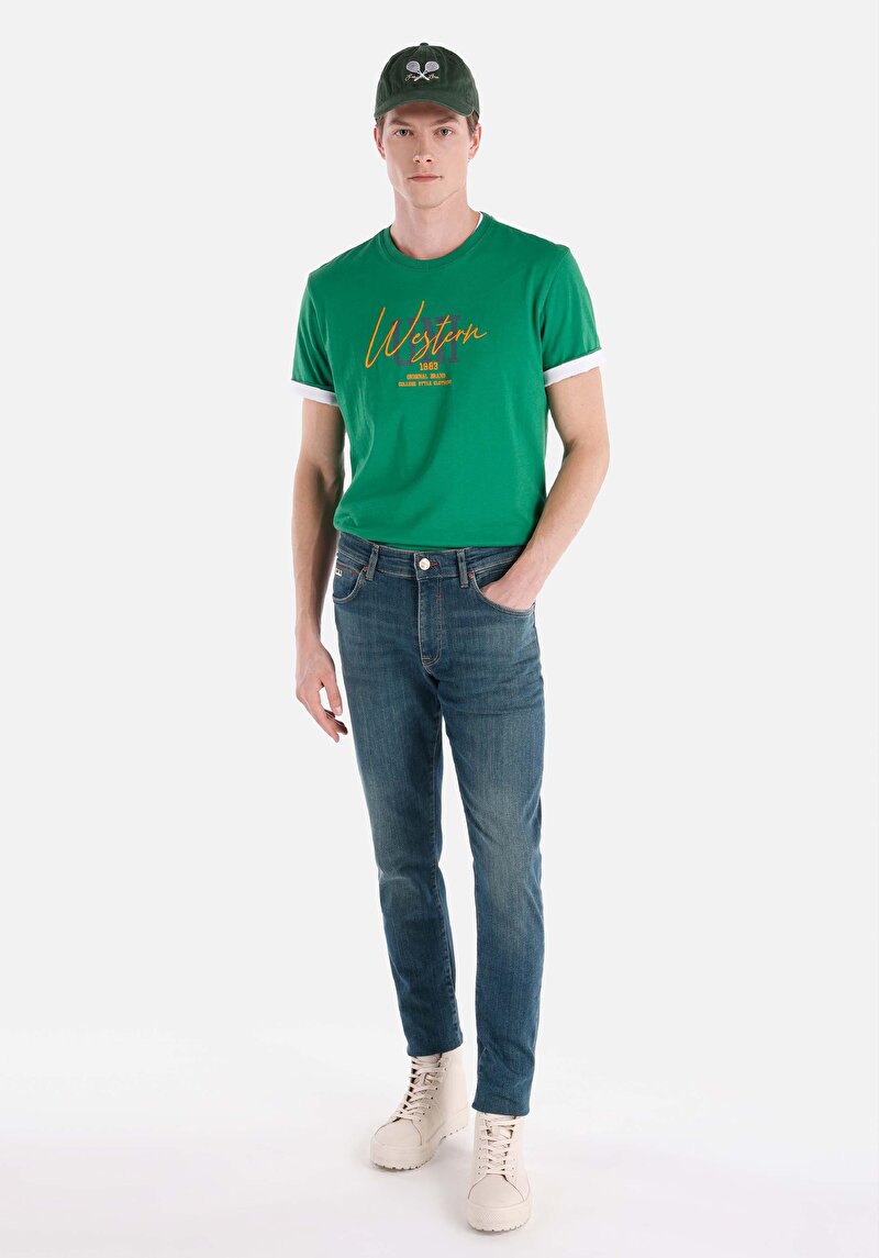 Imagine a Slim Fit Talie Joasă Picior Îngust Blugi İndigo Pentru Bărbați