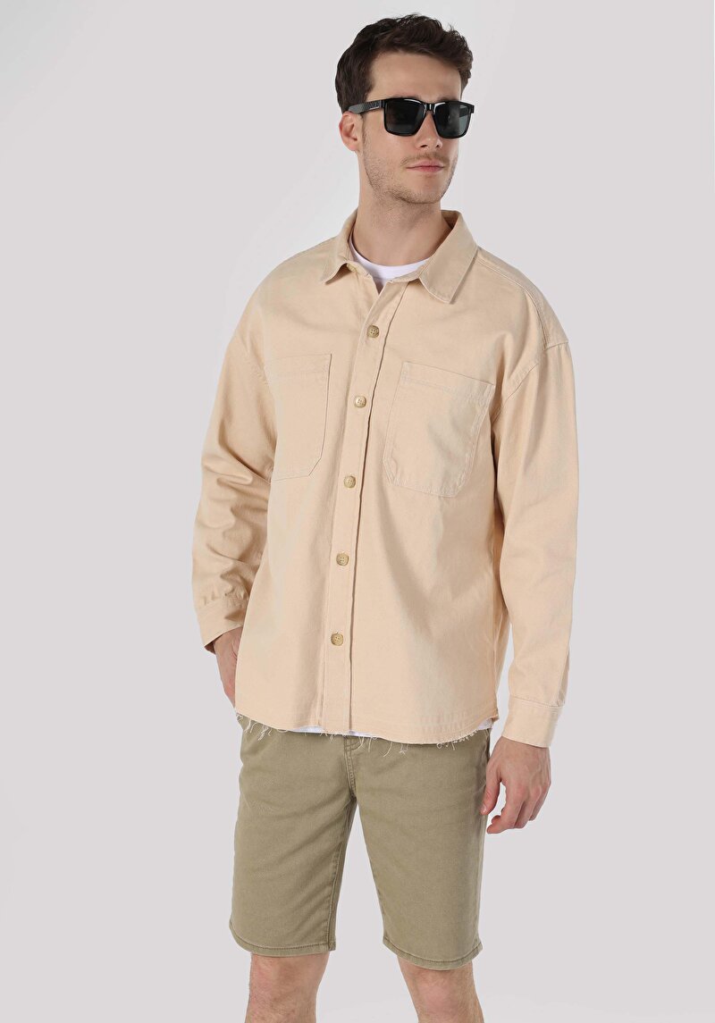 Afișați detalii pentru Cămașă Cu Mânecă Lungă Bej Pentru Bărbați Cu Guler Clasic Cu Guler Supradimensionat