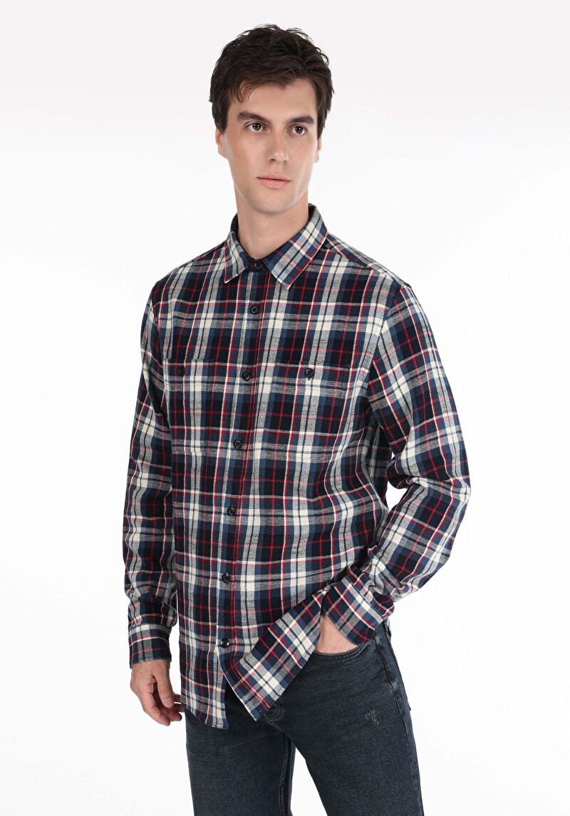 Imagine a Cămașă Cu Gât În Carouri Cămașă Albastră Cu Mânecă Lungă Pentru Bărbați