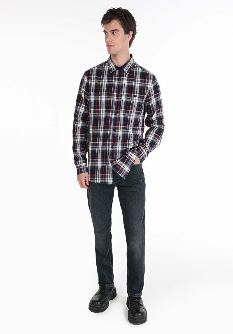 Afișați detalii pentru Cămașă Cu Gât În Carouri Cămașă Albastră Cu Mânecă Lungă Pentru Bărbați