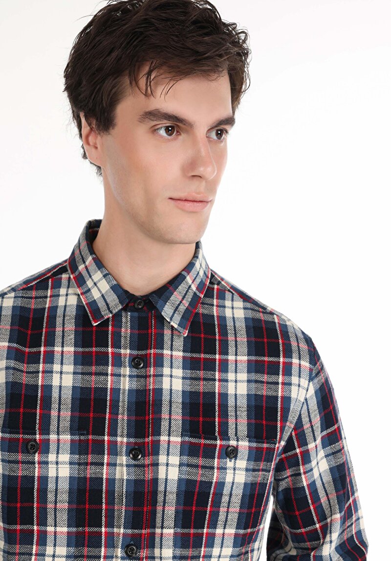 Afișați detalii pentru Cămașă Cu Gât În Carouri Cămașă Albastră Cu Mânecă Lungă Pentru Bărbați