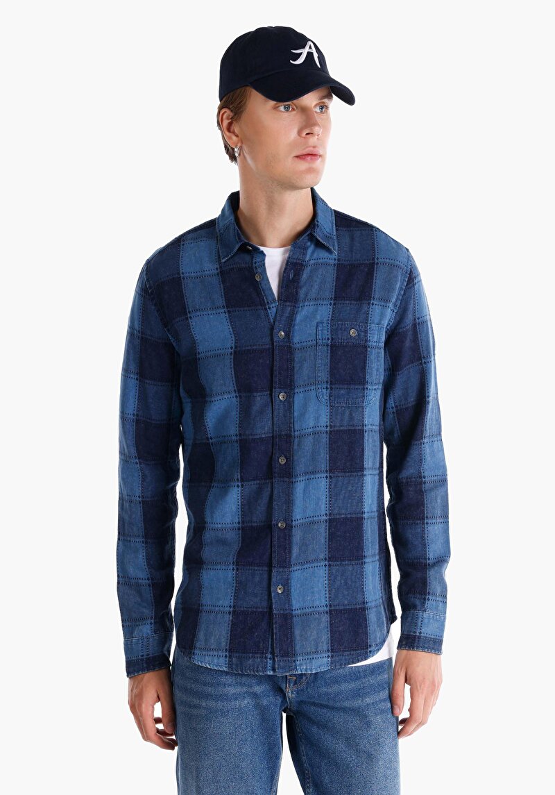 Imagine a Cămașă Slim Fit Cămașă Albastră Albastră Manșon Lung Pentru Bărbați