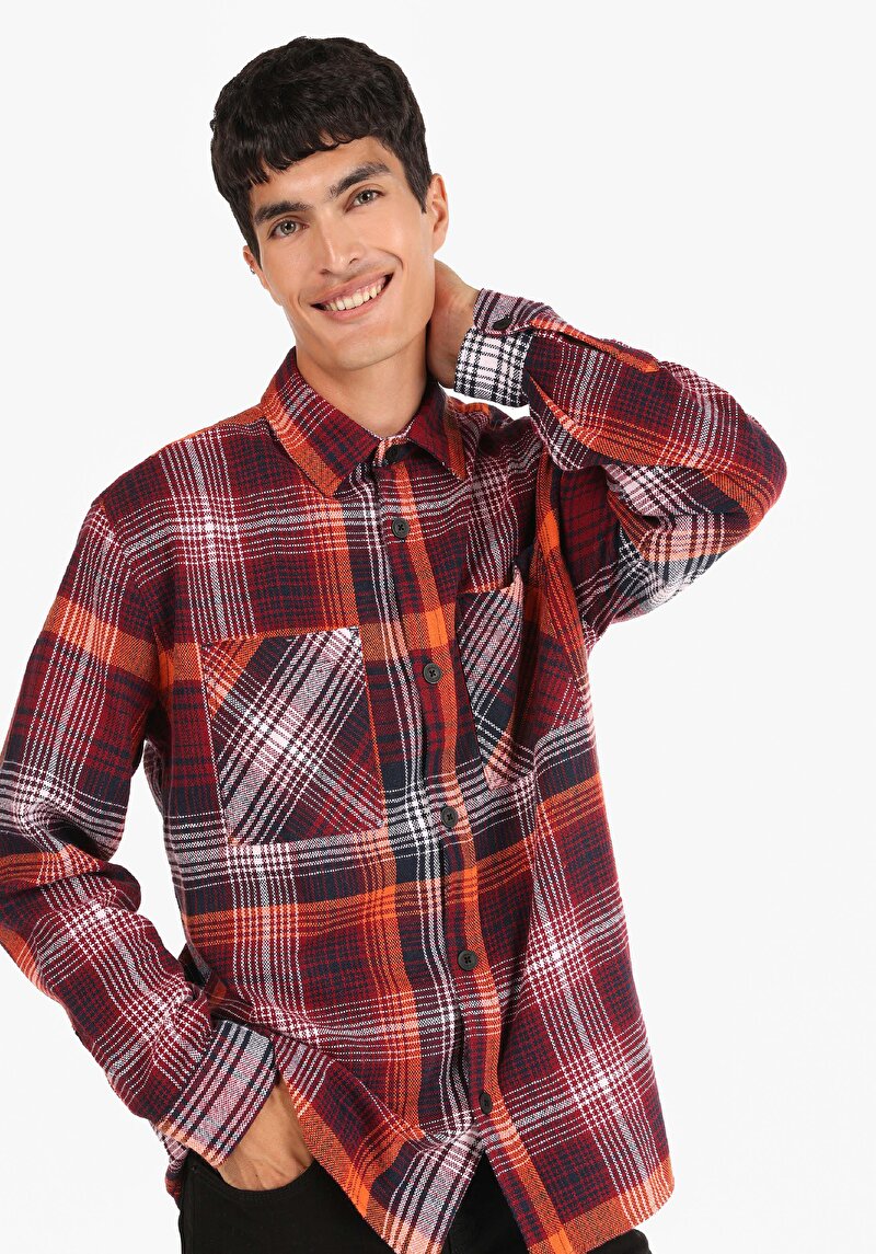 Imagine a Cămașă Comfort Fit Gât În Carouri Cămașă Roșie Cu Mânecă Lungă Pentru Bărbați