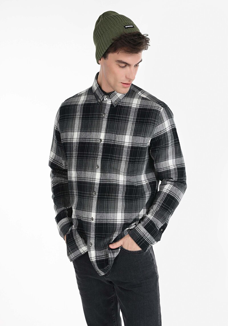 Imagine a Cămașă Cu Gât În Carouri Cămașă Cu Mânecă Lungă Antracit Pentru Bărbați