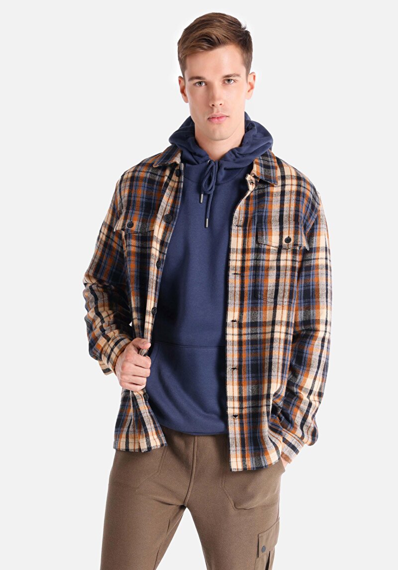 Imagine a Cămașă Comfort Fit Neck Cămașă În Carouri Cămașă Cu Mânecă Lungă Maro Pentru Bărbați